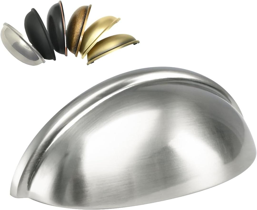 HOMOTEK 6 Pack Drawer Bin Cup Pulls Dresser Pulls for Cabinets Shiny Bright Brushed Satin Nickel - 3 Inch Hole Centers Furniture Handles,Kitchen Cabinet Hardware