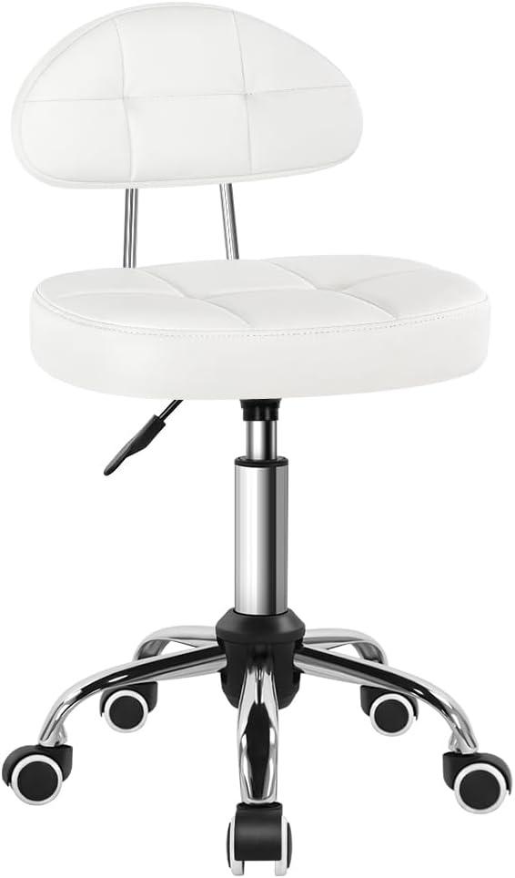BFTOU Square Minimalist Swivel Stool with Wheel for Work SPA Shop Massage Height-Adjustable and Cost-Effective Rolling Stool Chair with Back White