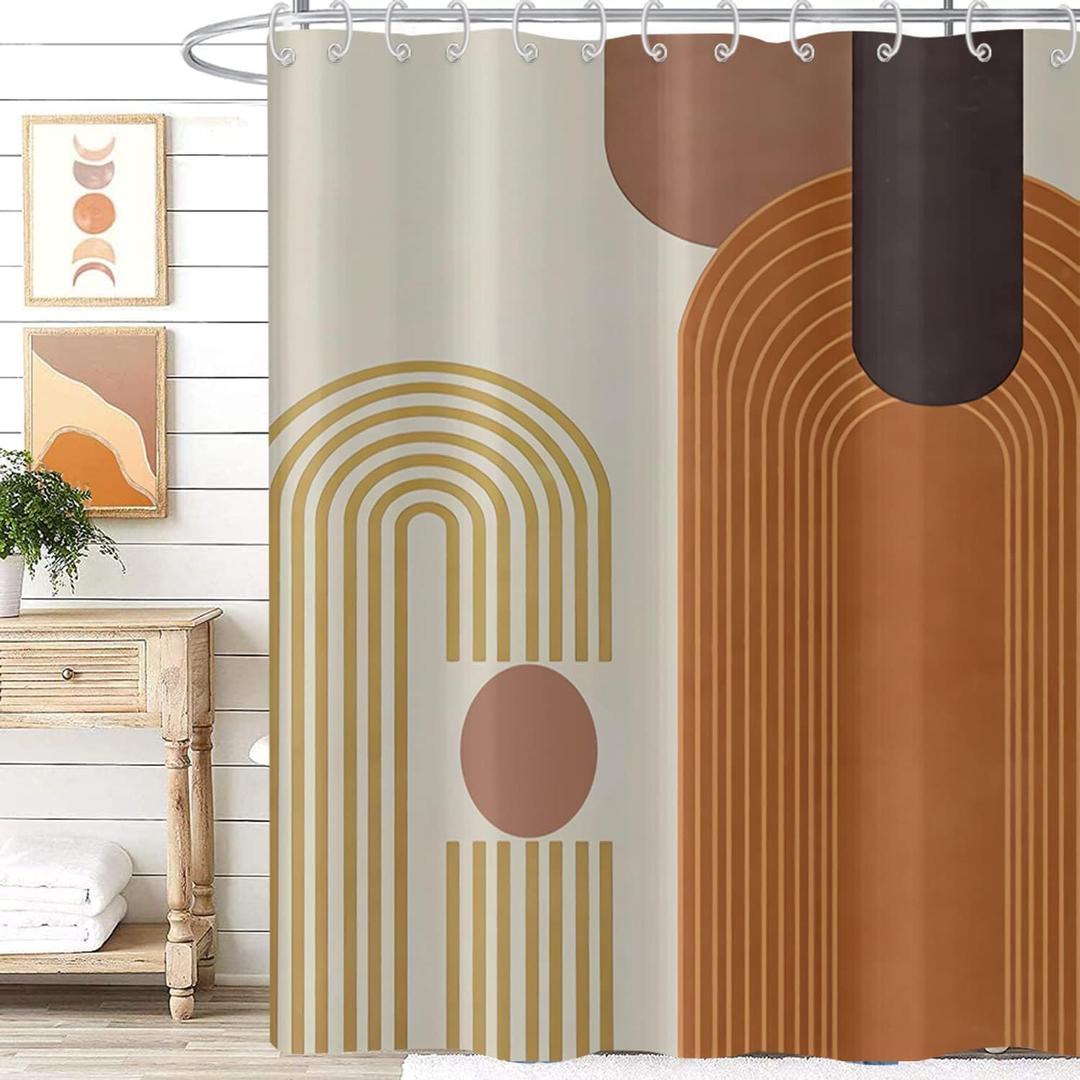 Mid Century Modern Extra Long Shower Curtain, Boho Brown Arch Geometric Machine Washable Waterproof for Bathroom Bathtub with Hooks 72Wx84H (Brown and Beige)