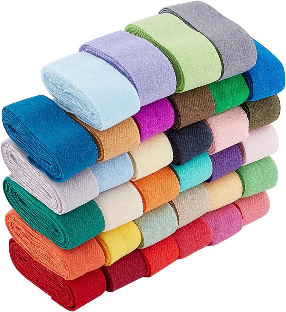 BENECREAT 37 Yards 4/5 Inch Wide Foldover Ribbon Elastic Stretch 34 Colors FOE Elastic Band for Hair Ties Headbands