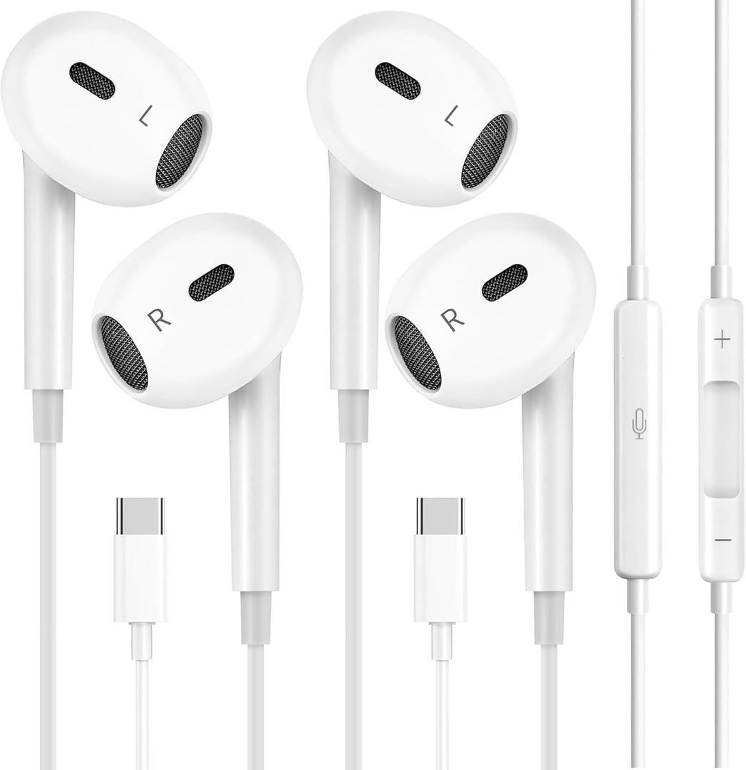 2 Pack Headphones with USB-C Plug, Wired Ear Buds with Built-in Remote to Control Music, Phone Calls, and Volume,Compatible for iPhone 15 16 17 Pro Max Plus.