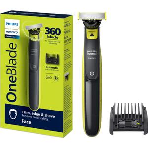 Norelco Philips OneBlade 360 Hybrid Face, Electric Beard Trimmer and Shaver, with 360 Blade Technology, 1x 360 Blade for Face, 5in1 Adjustable Comb, Model QP2724/90 (Black & Lime Green)