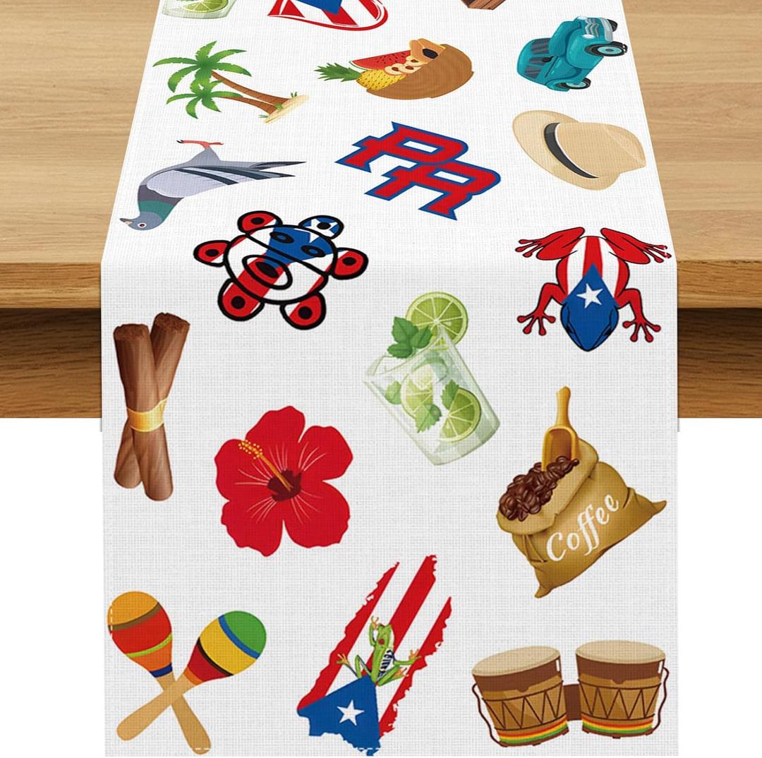 Puerto Rico Table Runner Puerto Rican Birthday Party Decoration National Day Patriotic Dining Room Home Kitchen Island Decor (13" x 72", Pattern-1)