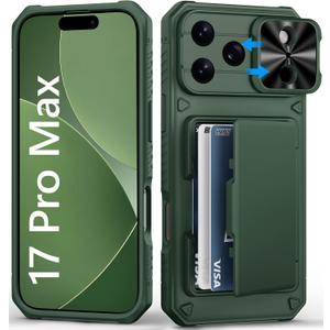 for iPhone 17 Pro Max Wallet Case, Credit Card Holder (4-5 Cards), Slide Lens Cover, Military Drop Protection, Rugged Heavy Duty Women Men Protective Phone Case for iPhone 17Pro Max 6.9", Green