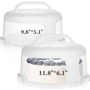 Baderke 2 Pcs Cake Carrier with Lid 10''/ 8'' Cake Holder Plastic Stand with Lid Handle Round Container Portable Carrier with Cover Boxes for Cupcake Pie Serving Transport (White)