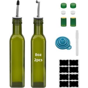 2Pcs Green 8 oz Olive Oil Dispenser Bottle,250 ml Glass Oil and Vinegar Dispenser Set with Pourers and Funnel Oil Bottles for Kitchen Large capacity oil bottles (2)