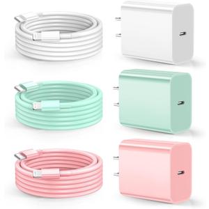 Dayaoncy for Phone Charger Fast Charging, Upgarded 20W USB C Wall Charger with 3Pack 10FT USB C to Lightning Cable, Phone Cable Fast Charging Compatible withi Phone 14/13/12/12 Pro Max/11/Xs Max/XR (White Pink Lightgreen)