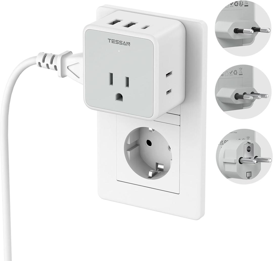TESSAN All European Italy Travel Plug Adapter Kit, International Detachable with 3 Outlet 3 USB Charger (1 USB C), Type C/E/F/L EU Power Adaptor, US to France Germany Spain Greece Iceland (grey&white)