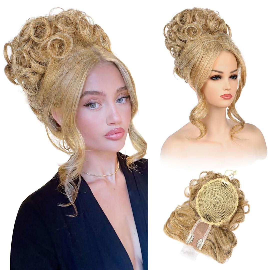 REECHO Messy Bun Hair Piece with Bangs - 2-in-1 Hair Bun Hairpieces Curly Updo Wig & Hair Topper with Long Side Bangs Natural-Looking Drawstring Ponytail Extension for Women - Honey Blonde