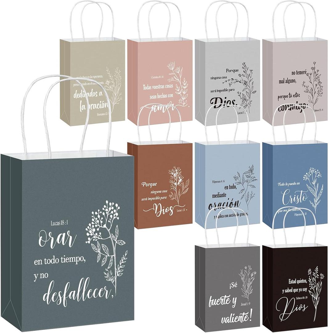 Kolldenn 40 Pcs Spanish Bible Verse Bags Bulk Christian Gift Bags with Handles Inspirational Flower Boho Biblical Religious Gifts for Church Sunday School Mother's Day Baptism Party(Earthy Tones)