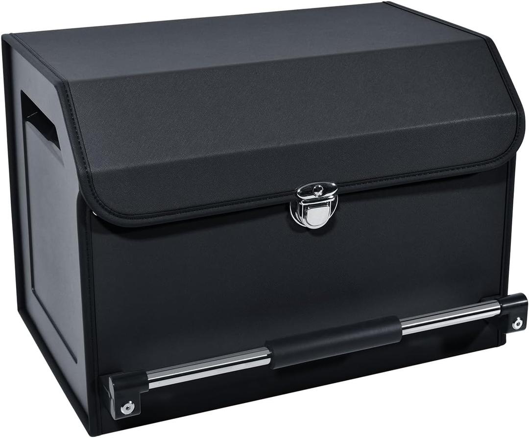 XCF Car Trunk Organizer, Leather Trunk Organizer with Lid and Push-pull Handle Car Storage Box for SUV, Minivan, Sedan (Black, 16.9 x 11.4 x 12.2in)