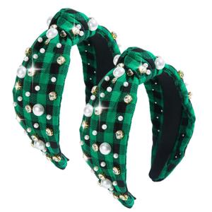 2 x Plaid Headband for Women Christmas Pearl Knotted Headband Fashion Elegant Ladies Wide Knot Headbands Headpieces Hair Accessories (2 Pack Green Plaid) (One Size)