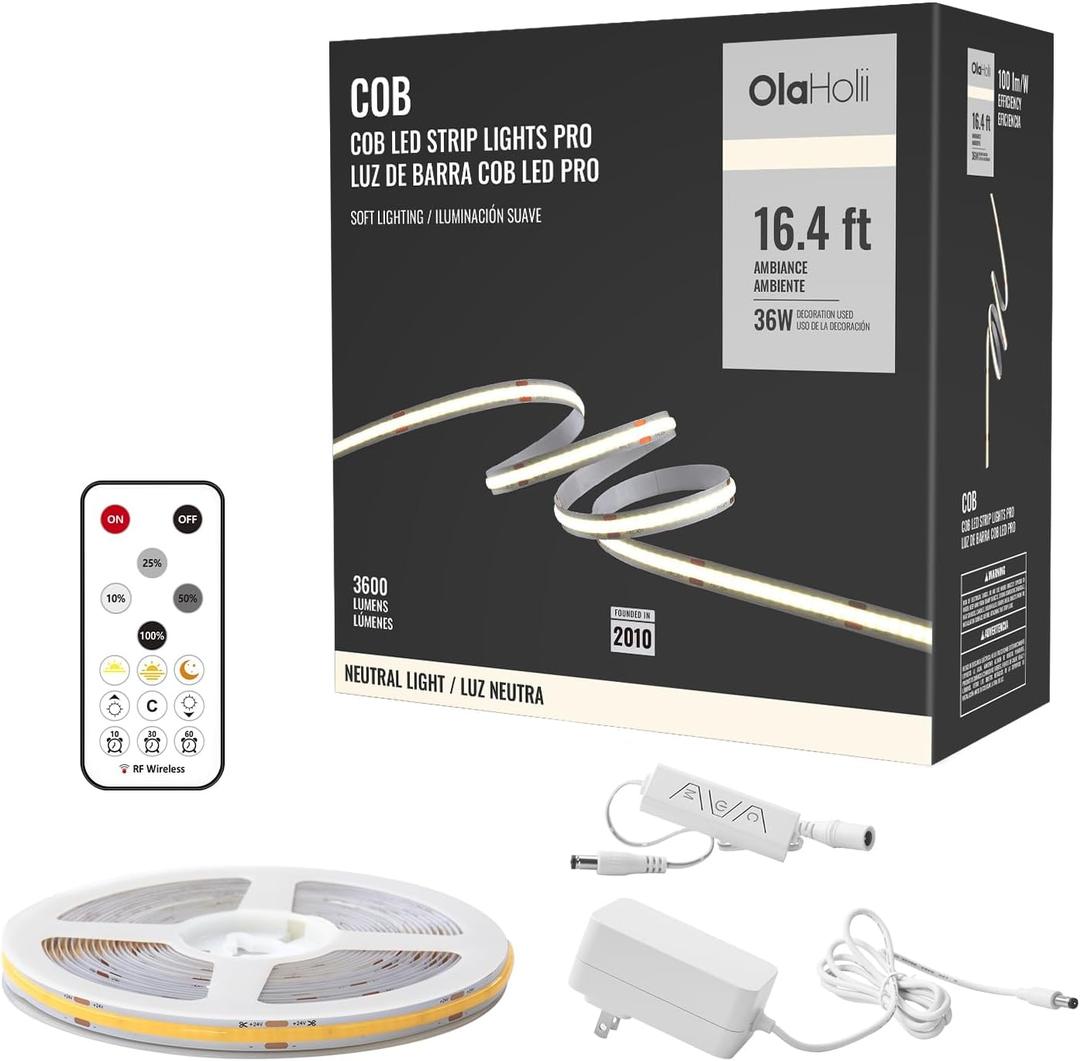 16.4ft COB Led Strip Light with Remote, 4000K Ra93+ Dimmable Bright Led COB Strip Light, White Continuous Led Strip Light for Mirror, Stair, Cabinet, Room