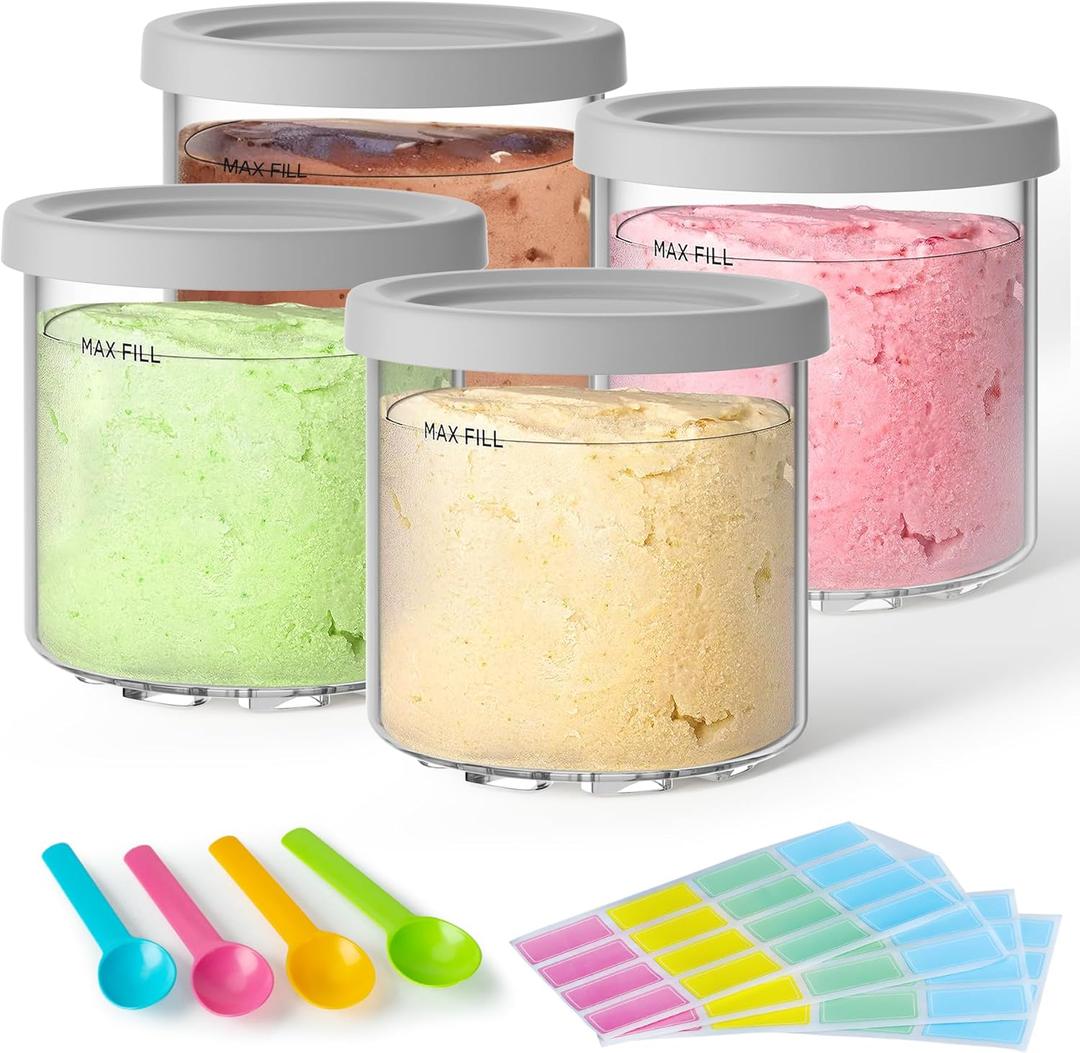 4 Pack Creami Pint Containers and Lids for Ninja with 4 spoons and writable labels, Compatible with Ninja NC299 NC300 NC301 Series Cream Maker Machine Accessories, BPA Free & Dishwasher Safe, Grey
