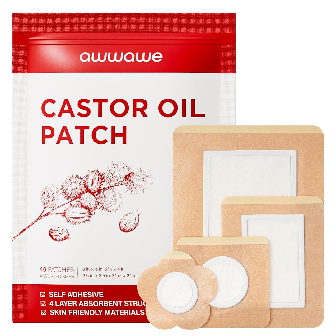 Castor Oil Pack Wrap (40 Count), 4 Sizes, Disposable Cotton Patches, Leak-Proof, Skin-Friendly and Breathable, for Belly, Joints and Body Care (Oil Not Included)
