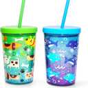 Home Tune 14oz Kids Tumbler Water Drinking Cup 2 Pack - BPA Free, Straw Lid Cup, Reusable, Lightweight, Spill-Proof Water Bottle with Cute Design for Girls & Boys - Shark & Dog