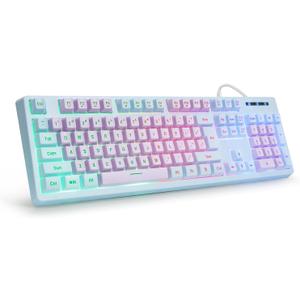 HUO JI Gaming Keyboard USB Wired with Rainbow LED Backlit, Floating Keys, Mechanical Feeling, Spill Resistant, Ergonomic for Xbox, PS Series, Desktop, Computer, PC, Purple Blue