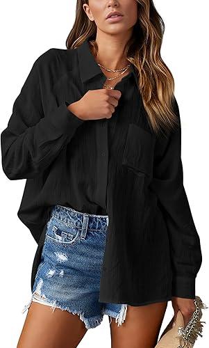 AISEW Womens Casual Button Down V Neck Shirts Raglan Long Sleeve Loose Fit Collared Work Blouses Tops with Pocket, Blue, M