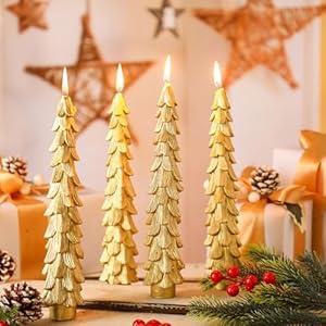 MTLEE 4 Pcs Christmas Tree Shaped Taper Candles Xmas Eve Holiday Candle Unscented Candlesticks for Christmas Party Room House Kitchen Decor Wedding Decorations Gift (Gold, 10 Inch)