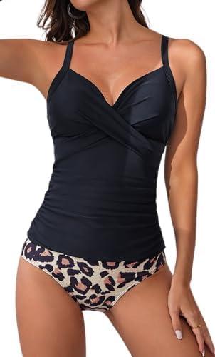 B2prity Women's Ruched Tankini Swimsuits V Neck Wrap Tie Back Two Pieces Bathing Suit Tummy Control Swimwear, L