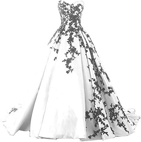 Kivary Gothic Black Satin Lace V Neck A Line Long Prom Corset Wedding Dresses.M