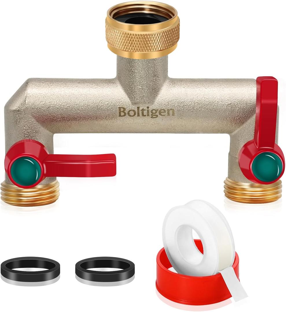 Boltigen 3/4'' GHT Garden Hose Splitter, 2 Way Outdoor Faucet Water Hose Splitter Connector, Heavy Duty Brass Nickel Plated Hose Bib Diverter for Garden Outdoor Home