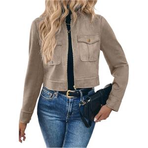 GORGLITTER Women's Zip Up Crop Jacket Faux Suede Long Sleeve Cropped Cargo Jacket Outerwear Trendy Jackets 2025 (Apricot, S)