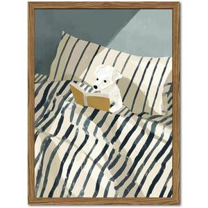 Funny Dog Reading Wall Art Whimsical Dog in White and Blue Striped Bed Wall Decor Painting Eclectic Animal Poster Canvas Print for Bedroom Living Room Bathroom 24x16 inch Wood Framed