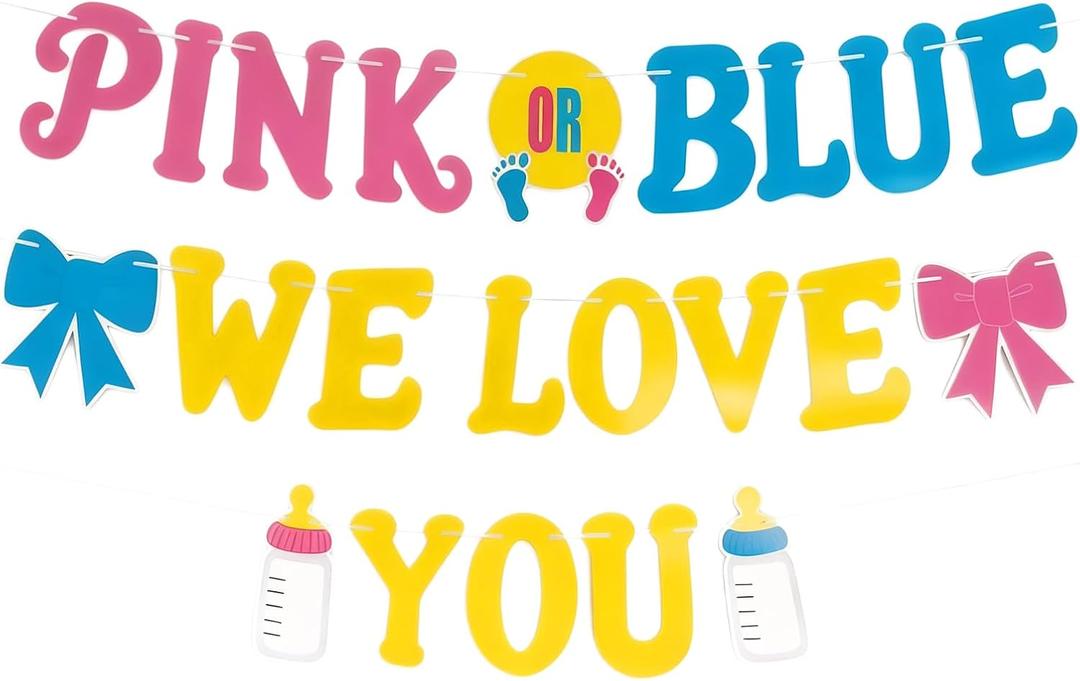 2 x "PINK OR BLUE WE LOVE YOU" Baby Shower Decorations Gender Reveal Banner with Bow, Bottle & Footprints, Neutral Themed Welcome Baby Party Decor Paper Banner Kit