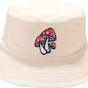 Embroidered Mushroom Bucket Hat for Women Girl Men, Soild Beige Summer Travel Embroidery Beach Sun Hat Outdoor Fisherman Cap Unisex (Beige)