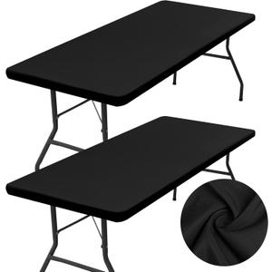 homing 2 Pack Rectangle Table Cloth, Elastic Fitted Fabric Tablecloth Fits for 4 Foot Folding Tables, Washable Table Cover for Picnic, Camping, Indoor & Outdoor (Black, 24" x 48")