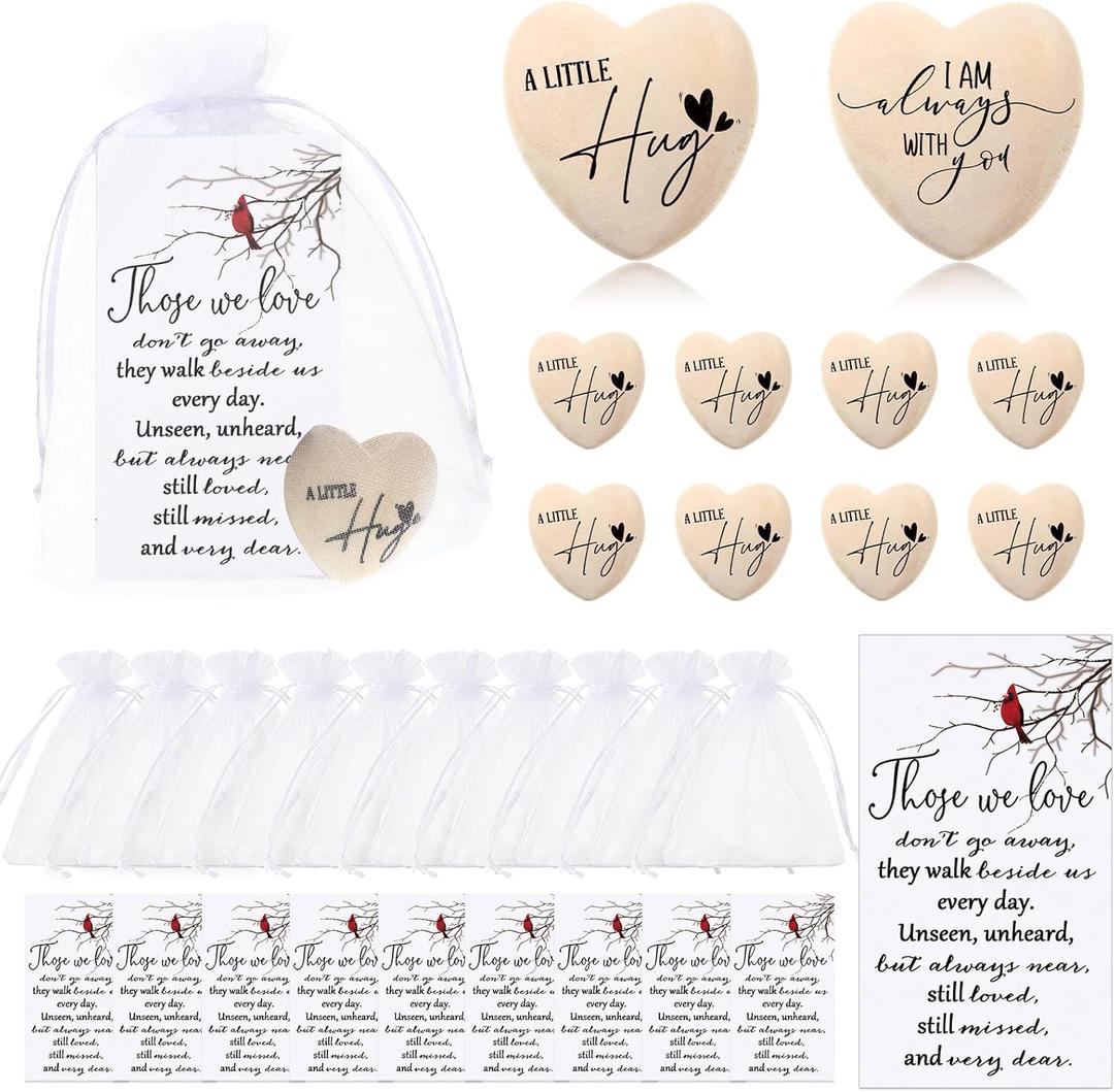 Fulmoon 100 Sets Funeral Favors Bulk, Celebration of Life Decorations with Pocket Hug Wooden Heart Keepsakes with Memorial Cards and Organza Bags Bereavement Gifts for Guests Family Church