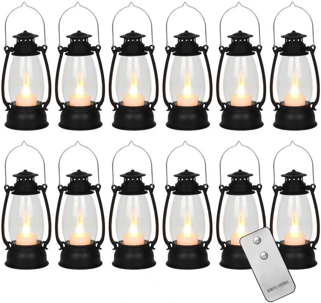 12PCS Black Mini Lanterns with Remote Control, 5.1" H/13cm (6.7" H with Handle) Vintage LED Lantern Decorative - Christmas Table Centerpieces, Western Party Decorations & Camping Party Decor