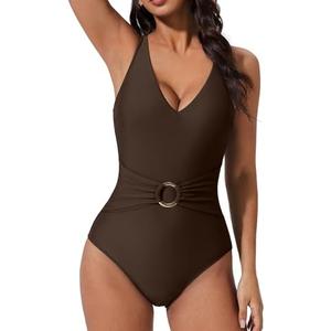 SUUKSESS Women Retro One Piece Swimsuit Metal Tummy Control V Neck Bathing Suit M