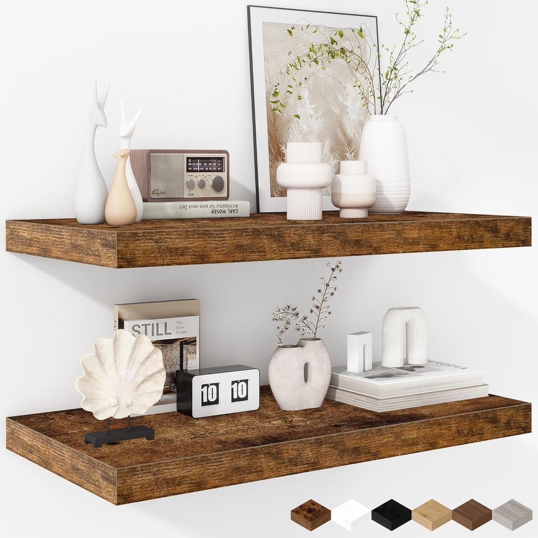 Fun Memories Floating Shelves - 2 Pack 12 Inch Deep Rustic Wooden Wall Shelves - Extra Deeper & Thicker Wall Mounted Storage Shelf for Living Room, Kitchen, Farmhouse - 24" W x 12" D x 1.5" H - Brown