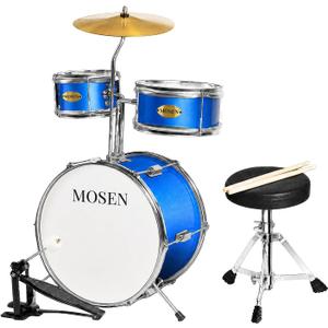 MOSEN 3-Piece Beginner Drum Set, 14 Inch Bass Drum with Tom & Snare Drums, Complete Percussion Kit Includes Adjustable Throne, Cymbal, Drum Pedal & Drumsticks, Blue