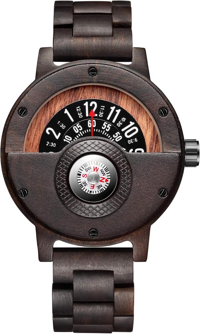 Men's Handmade Wooden Watches Mens Lightweight Analog Quartz Wood Mens Wrist Watch with Compass (273-2)