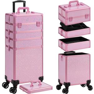 AROUS Rolling Makeup Train Case Large Storage Cosmetic Trolley 5 in 1 Large Capacity Trolley Makeup Travel Case with Key Swivel Wheels Salon Barber Case Traveling Cart Trunk, Pink