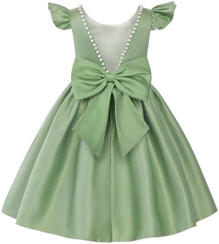 Uhnice Flower Girl Satin Dress with Pearls Flutter Sleeves V Back Gown with Removable Bow for Wedding Birthday Party, Green, 2-3 Years Old