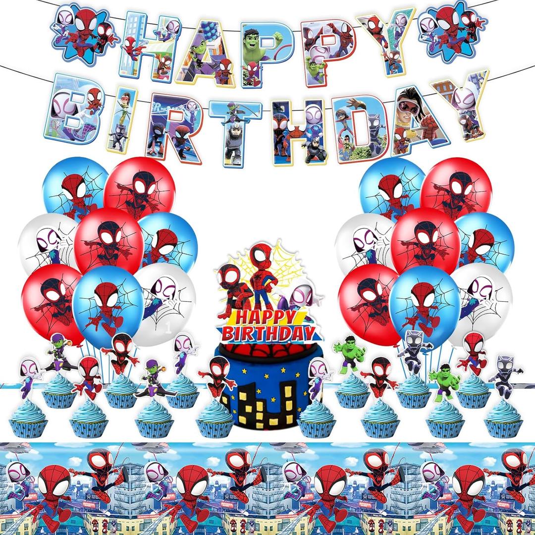 Spider Birthday Party Supplies, Spider and Friend Theme Party Decorations, Including Happy Birthday Banner, Balloons, Tablecloth, Cake and Cupcake Toppers, Superhero Party Supplies for Kids Birthday