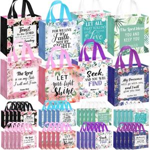 Riakrum 32 Pcs Religious Gift Bags Bulk for Women, Non Woven Christian Gift Bag with Handle, Reusable Flower Religious Baptism Bible Verse Tote for Eid Easter Catholic Theme Party Favors