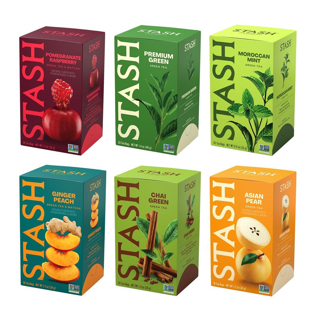 STASH Green Tea Variety Pack – Caffeinated, 6 Boxes of 18-20 Tea Bags Each – Pomegranate Raspberry, Premium Green, Moroccan Mint, Ginger Peach, Chai Green & Asian Pear Harmony (EXP 08/25/28)