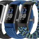 Braided Solo Loop Bands Compatible with Fitbit Charge 6/Charge 5, Adjustable Stretchy Nylon Woven Replacement Wristbands for Fitbit Charge 6/Charge 5 for Women Men (Black+Atlantic Blue+Camouflage Blue)