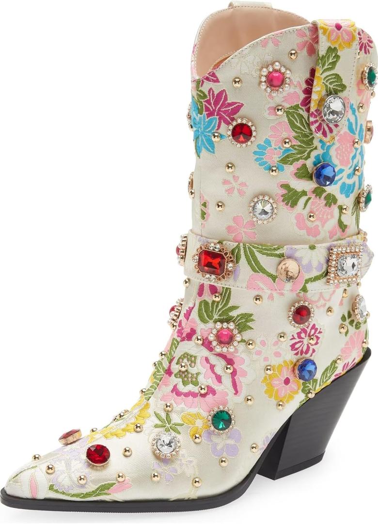 Western Cowboy Boots For Women Flower Embroidered Rhinestone Mid Calf Pointed Toe Chunky Heel Cowgirl Boots (10, White)