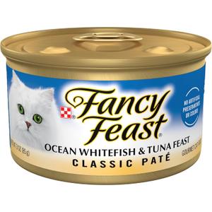 Purina Fancy Feast Classic Pate Ocean Whitefish and Tuna Feast Classic Grain Free Wet Cat Food Pate - (Pack of 24) 3 oz. Cans (EXP 04/01/28)