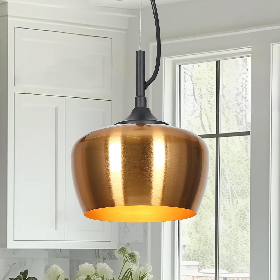 KSANA Pendant Lights Kitchen Island, 7'' Modern Imitation Electroplated Copper and Black Kitchen Pendant Lighting Light Fixtures Over Island with Dome Metal Shade (Interior in Spray Gold)
