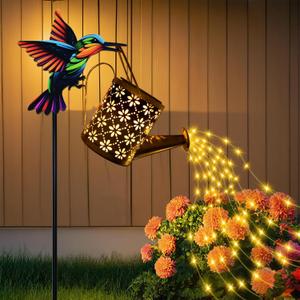 Solar Watering Can with Cascading Lights Outdoor Garden Decor, Hummingbird Shaped Hook Gardening Gifts for Mom Women Grandma Birthday, Solar Lights for Garden Decorations Patio Yard Lawn Backyard