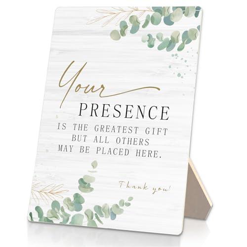 RUNMESS Wedding Engagement Wooden Stand 5x7 Inch,Your Presence Is The Greatest Gift Wooden Sign,Bridal Shower Table Sign,Wedding Reception Decor