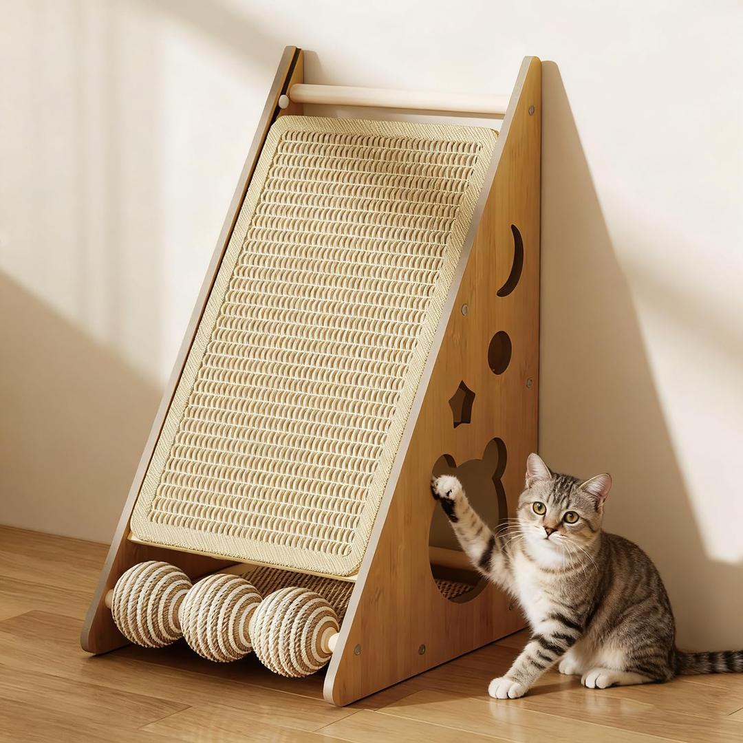 Cat Scratcher with Nest - Non-Shedding Vertical Cat Scratching Post, Cat Board Scratcher with 3 Sisal Balls for Indoor Cats, Reliable Wall Mounting