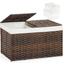Storage Basket with Lid Rattan Woven Storage Baskets with 2 Separate Lids, 17.2 Gallon (65 L), 22 x 13 x 13.8 Inches,Foldable, 2 Removable Liner Bags Handles for Bedroom, Laundry Room Brown